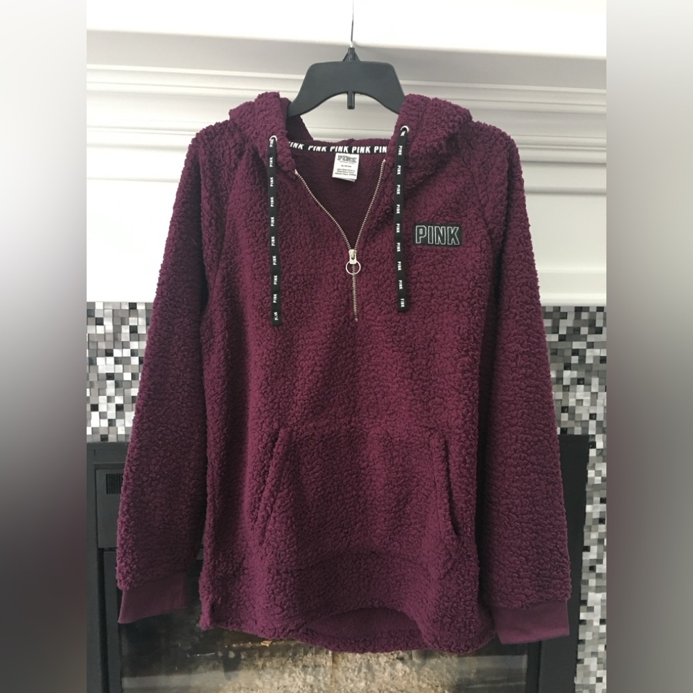 NEW Victoria’s Secret Pink Eggplant / Maroon Sherpa half zip hoodie Medium